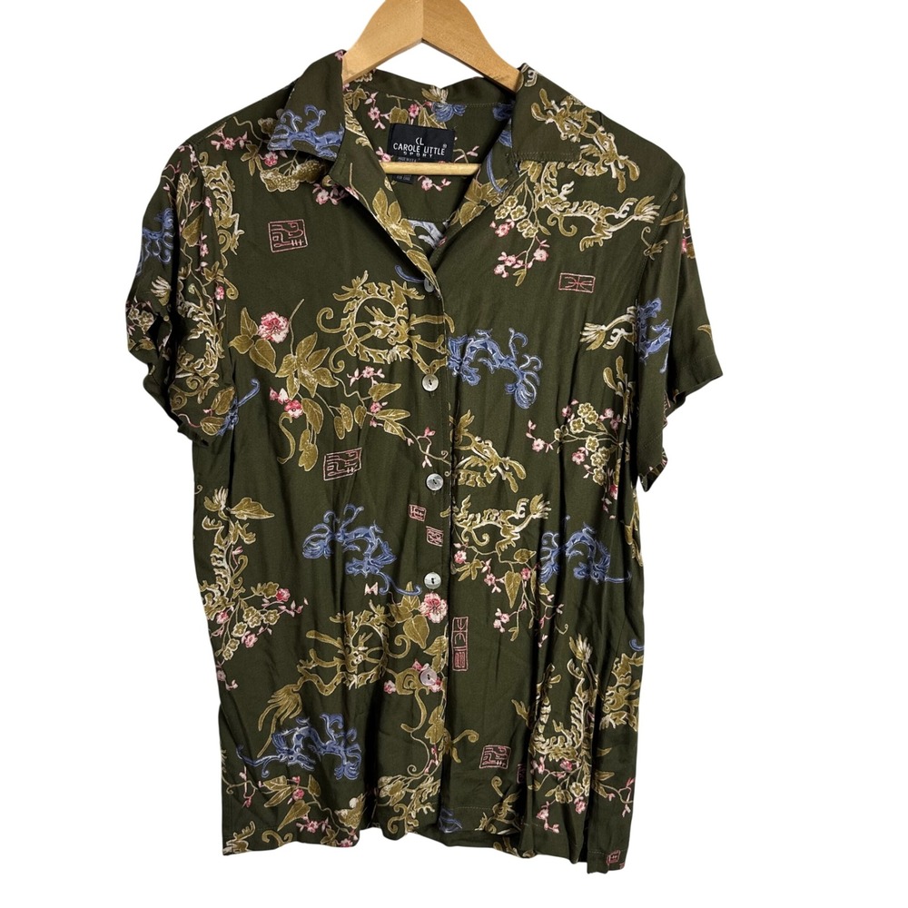 Carole Little Sport Olive Green Dragon Floral Print Button Up Shirt Womens Small